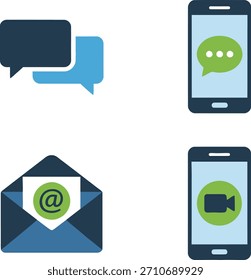 Iconos vectoriales para comunicación digital y mensajería, con un teléfono, burbuja de chat, sobre y símbolo de correo electrónico, que representa el contacto, chat móvil y correspondencia en línea.