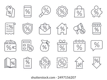 Vector icons discounter sale. Bank interest rate, promotional discount offer. Favorable price, interest on loan, mortgage and gift, email newsletter. Editable stroke thin line black set on white back