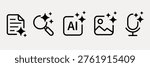 Vector icons of a document, magnifying glass, AI, image, and microphone, each adorned with sparkles, representing creativity and technology.