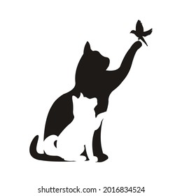 Vector icons of dog cats and bird silhouettes. Illustration of Peaceful Animal Life