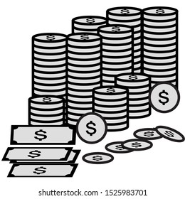 Vector icons of dollar banknotes and dollar coins with a white background on EPS 10. Can be used for graphic, web, and other designs.