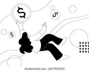 Vector icons dollar, woman holding money, volatility, economy. American currency, USA, investment, profit, inflation, exchange rate, line art design