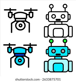 Vector icons of drones and robots in outline and color styles, perfect for tech, AI, and innovation themes.