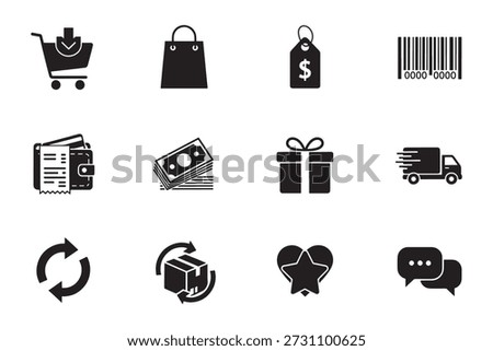 Vector icons for e-commerce, retail, and customer service, including shopping carts, payment methods, delivery trucks, and gift boxes. This set also features icons for customer interactions, payments, and shipping, ideal for use in online stores, mobile apps, and customer-facing services.