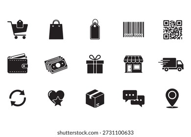 Vector icons for the e-commerce and retail industry, covering shopping carts, payment methods, delivery services, and customer interactions. This collection includes icons such as shopping bags, barcodes, QR codes, delivery trucks, money, customer support, and more—ideal for e-commerce platforms, retail businesses, and mobile apps