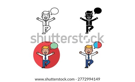 Vector icons of an ecstatic businessman with arms raised and speech bubbles, in outline, silhouette, and colorful styles, conveying success and celebration.