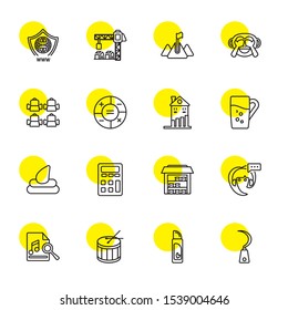 vector icons. Editable 16 vector icons. Included icons such as Sickle, Shampoo, Drum, Music, Customer service, Warehouse, Calculator, Poo, Glass. vector trendy icons for web.