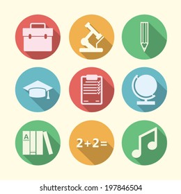 Vector icons for education. Colored circle icons with silhouette symbols of school or college education.