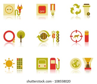 Vector Icons Of Efficient Energy Use, Recycling Of Wastes, Tree Planting, Organic Farming, And Wildlife Conservation