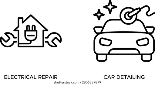 Vector icons for electrical repair and car detailing services black outline style