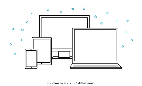 Vector icons electronic devices. smartphone, tablet, laptop and desktop computer. black and white in outline style, thin.