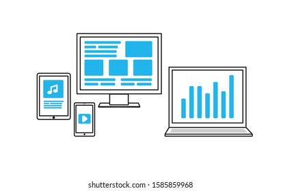 Vector icons electronic devices. smartphone, tablet, laptop and desktop computer. thin linear icon black with blue.