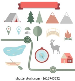 Vector icons, elements for design and layout of a map of the area with forest, mountains, roads and a river. Designations and symbols of camping, camping, summer travels in nature.