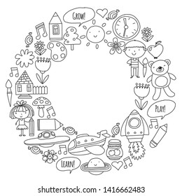 Vector icons and elements. Kindergarten, toys. Little children play, learn, grow together.