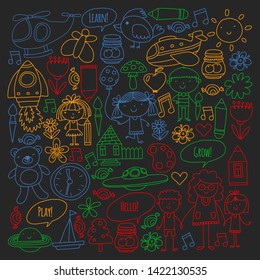 Vector icons and elements. Kindergarten, toys. Little children play, learn, grow together.