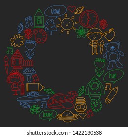 Vector icons and elements. Kindergarten, toys. Little children play, learn, grow together.