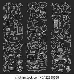 Vector icons and elements. Kindergarten, toys. Little children play, learn, grow together.