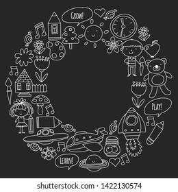 Vector icons and elements. Kindergarten, toys. Little children play, learn, grow together.
