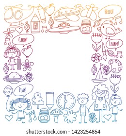 Vector icons and elements. Kindergarten, toys. Little children play, learn, grow together.
