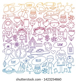 Vector icons and elements. Kindergarten, toys. Little children play, learn, grow together.