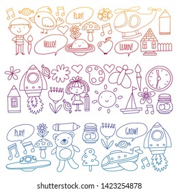 Vector icons and elements. Kindergarten, toys. Little children play, learn, grow together.