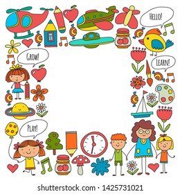 Vector icons and elements. Kindergarten, toys. Little children play, learn, grow together.