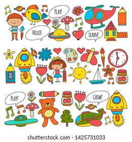 Vector icons and elements. Kindergarten, toys. Little children play, learn, grow together.
