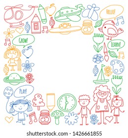 Vector icons and elements. Kindergarten, toys. Little children play, learn, grow together.