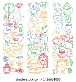 Vector icons and elements. Kindergarten, toys. Little children play, learn, grow together.