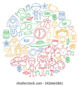 Vector icons and elements. Kindergarten, toys. Little children play, learn, grow together.