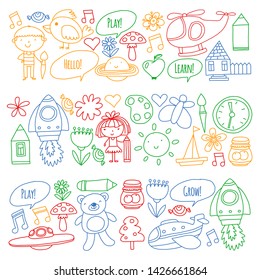 Vector icons and elements. Kindergarten, toys. Little children play, learn, grow together.