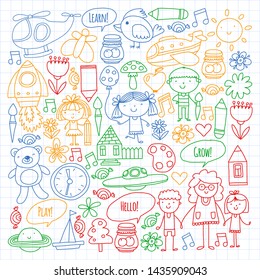 Vector icons and elements. Kindergarten, toys. Little children play, learn, grow together.