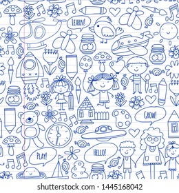 Vector icons and elements. Kindergarten, toys. Little children play, learn, grow together.
