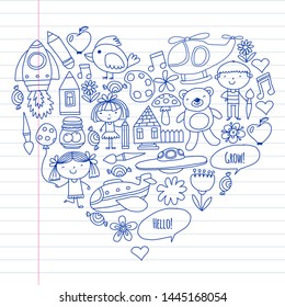 Vector icons and elements. Kindergarten, toys. Little children play, learn, grow together.