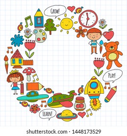 Vector icons and elements. Kindergarten, toys. Little children play, learn, grow together.