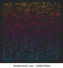 Vector icons and elements. Kindergarten, toys. Little children play, learn, grow together.