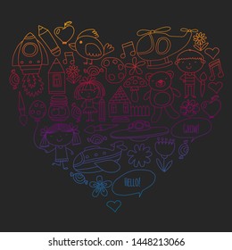 Vector icons and elements. Kindergarten, toys. Little children play, learn, grow together.