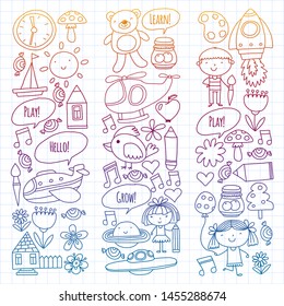 Vector icons and elements. Kindergarten, toys. Little children play, learn, grow together.