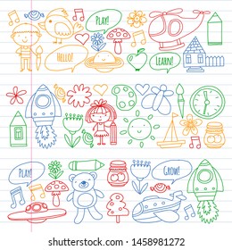 Vector icons and elements. Kindergarten, toys. Little children play, learn, grow together.
