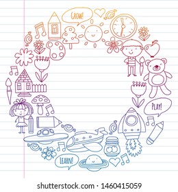 Vector icons and elements. Kindergarten, toys. Little children play, learn, grow together.