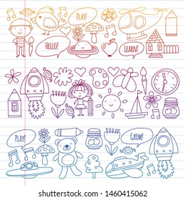 Vector icons and elements. Kindergarten, toys. Little children play, learn, grow together.