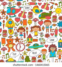 Vector icons and elements. Kindergarten, toys. Little children play, learn, grow together.