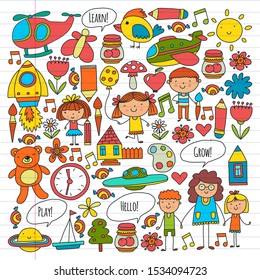 Vector icons and elements. Kindergarten, toys. Little children play, learn, grow together.