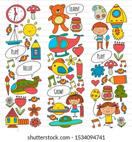 Vector icons and elements. Kindergarten, toys. Little children play, learn, grow together.