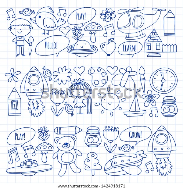 Vector icons and elements.\
Kindergarten, toys. Little children play, learn, grow\
together.
