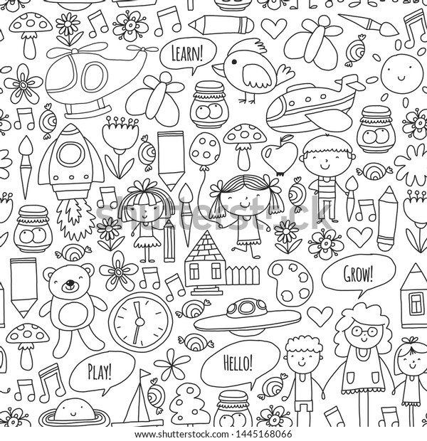 Vector icons and elements.\
Kindergarten, toys. Little children play, learn, grow\
together.