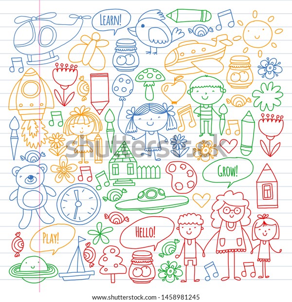 Vector icons and elements.
Kindergarten, toys. Little children play, learn, grow
together.