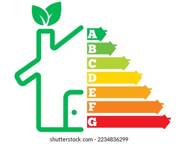 Vector icons of energy efficiency at home. Certificate of energy efficiency. Energy consumption estimation graph with arrows.