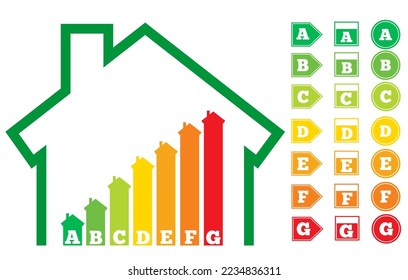 Iconos vectores de la eficiencia energética en casa. Certificado de eficiencia energética. Gráfico de estimación del consumo de energía con flechas.