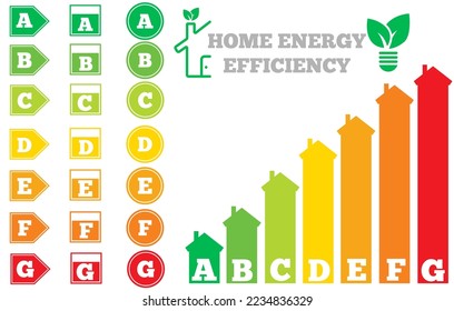 Vector icons of energy efficiency at home. Certificate of energy efficiency. Energy consumption estimation graph with arrows.